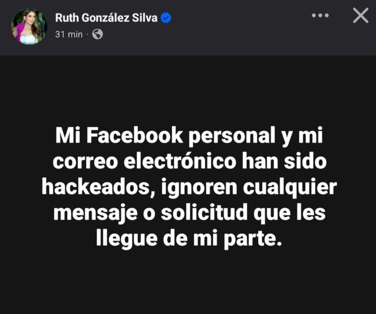 Ruth González Silva alerta sobre hackeo a sus cuentas personales